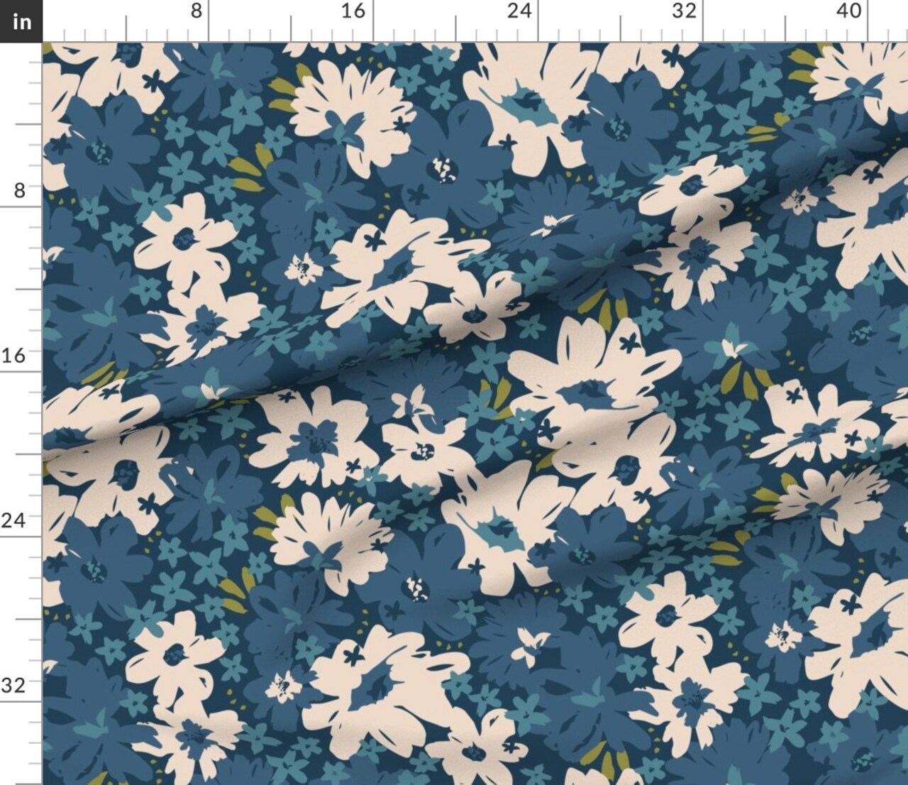 Floral Flower Dark Blue Boho Maximalist Tossed Pattern Custom Printed Fabric by Spoonflower Various Fabrics by the Yard or Fat Quarter